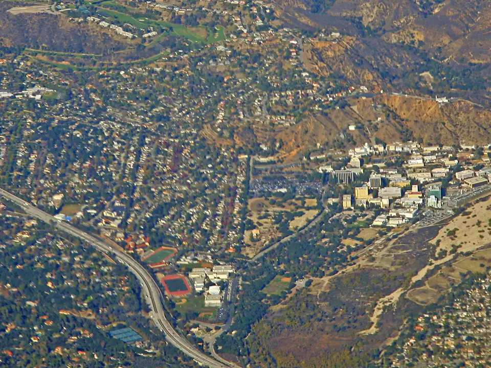 Aerial view of La Canada Flintridge and the hills around it